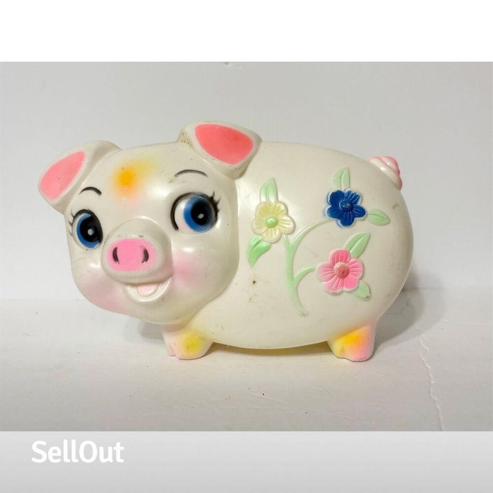 Vintage 1977 Sanitoy Piggy Bank with Floral Design